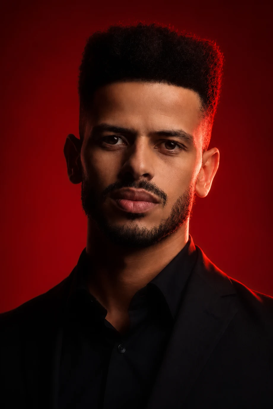 Rui Samuel em retrato editorial com fundo vermelho